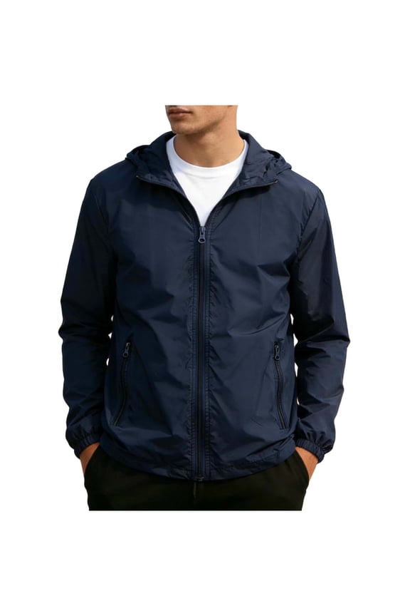 Mens Wind Shell Jacket Standard Fit Short Hooded Full Zip Outer Coat, Elastic Cuff Hem Packable Construction for Backyard Hikes Coastal Excursions Navy M