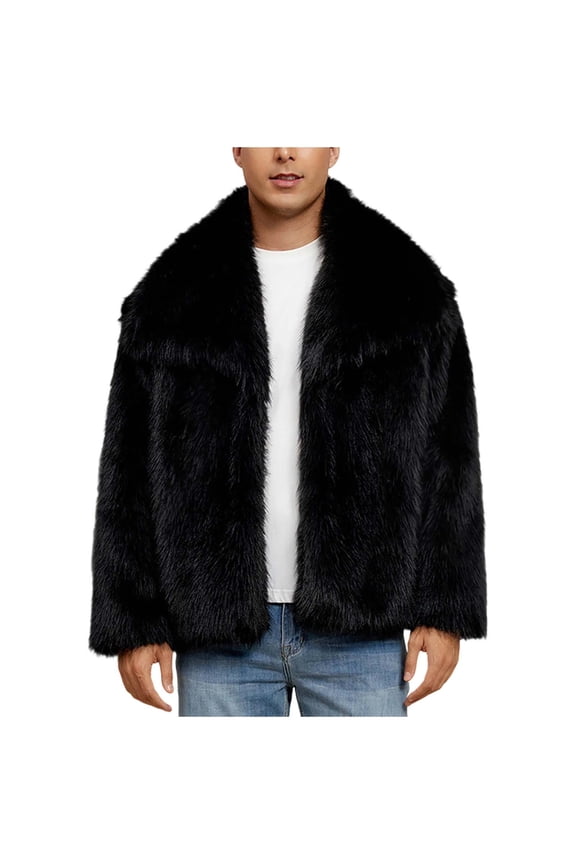 Mens Winter Coats Faux Furry Warm Winter Jackets Long Sleeve Lapel Outdoors Trench Coat Fuzzy Comfy Fashion Jacket Black L