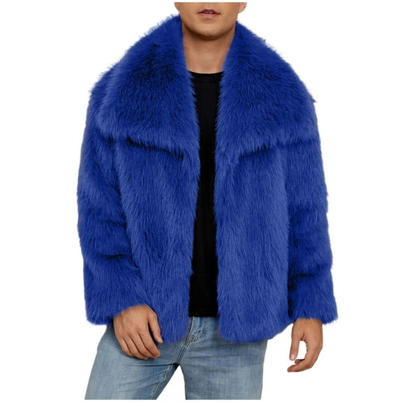 YLSDY Mens Winter Coats Faux Furry Warm Winter Jackets Long Sleeve Lapel Outdoors Trench Coat Fuzzy Comfy Fashion Jacket Blue XXXL