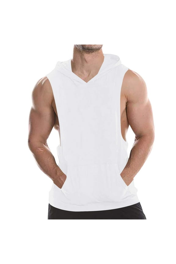 Mens Workout Hooded Tank Tops Gym Running Cut off Muscle Tank Tops Bodybuilding Training Sleeveless Hoodies Shirts White XL