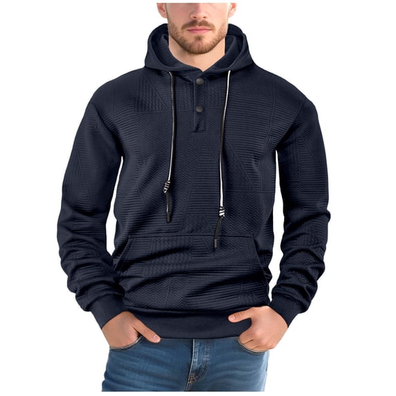 YLSDY Mens Workout Hoodie Sweatshirts Drawstring Casual Fashion Loose Solid Color Pullover Long Sleeve Running Gym Outfits Navy L