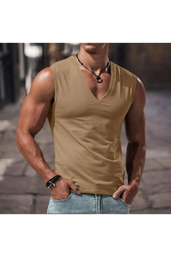 Mens Workout Tank Tops Sleeveless V Neck Undershirt Breathable Athletic Tops Tactical Shirt Muscle T Shirts Casual Sports Tops Khaki S