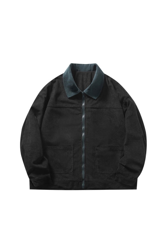 Mens Zip Up Western Corduroy Jackets Lightweight Collar Bomber Jacket Retro Distressed Long Sleeve Textured Shackets Black XXXXL