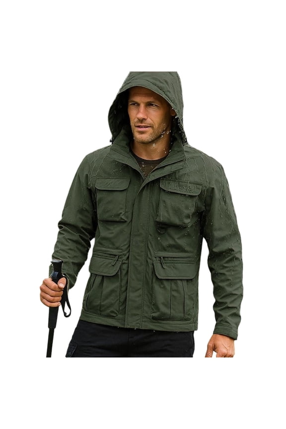 Military Cargo Jackets for Men Multi-Pocket Hiking Coats with Hood Zip Up Long Sleeve Trendy Bomber Jackets Army Green XXXL
