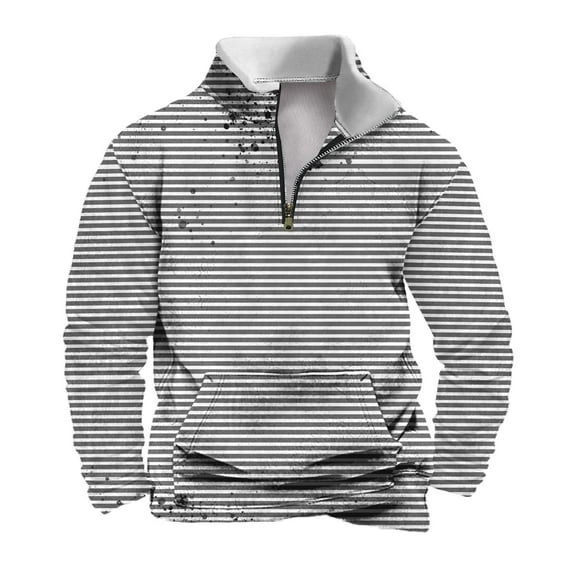 YLSDY Mock Neck Sweatshirt for Men Quarter Zip Stripe Print Long Sleeve Lightweight Winter Sports Streetwear with Pockets Gray M