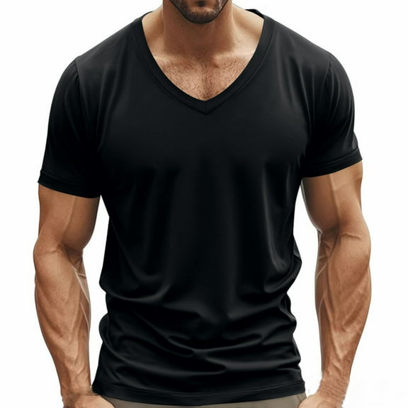 YLSDY Muscle Men’s V Neck Shirts Casual Short Sleeve Gym Athletic T Shirt Fashion Tee Top Workout Bodybuilding Shirts Black XL