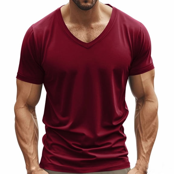 YLSDY Muscle Men’s V Neck Shirts Casual Short Sleeve Gym Athletic T Shirt Fashion Tee Top Workout Bodybuilding Shirts Wine XXL
