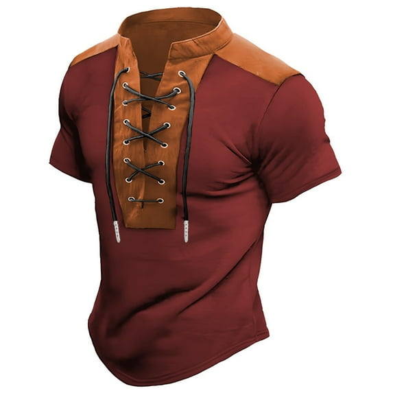 YLSDY New summer arrivals Men Lace Up V Neck Short Sleeve Boho Renaissance Pirate Medieval Shirts Summer Vintage Stand Collar Color Block Top Red M
