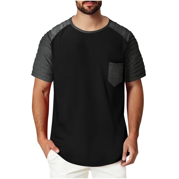 YLSDY New summer arrivals Men's Muscle T-Shirt Pleated Raglan Sleeve Bodybuilding Gym Tee Short Sleeve Fashion Workout Shirts Hipster Shirt with Front Pocket Black M