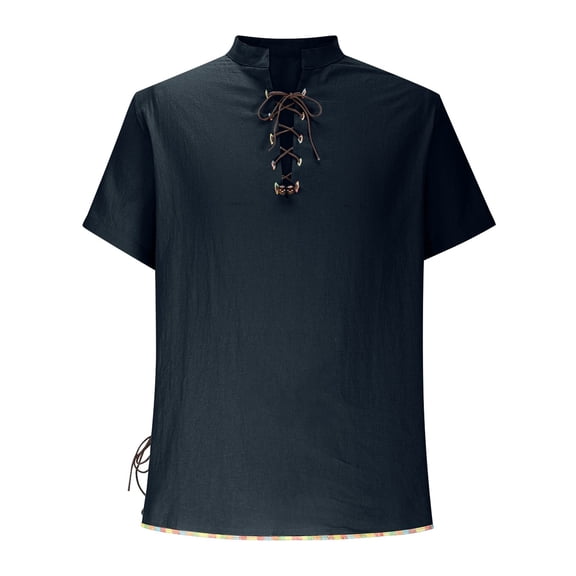 YLSDY New summer arrivals Men's Solid Cotton Vintage Short Sleeve Lace Up Shirts for Renaissance Pirate Viking Medieval Costume Beach Shirts Navy XXL