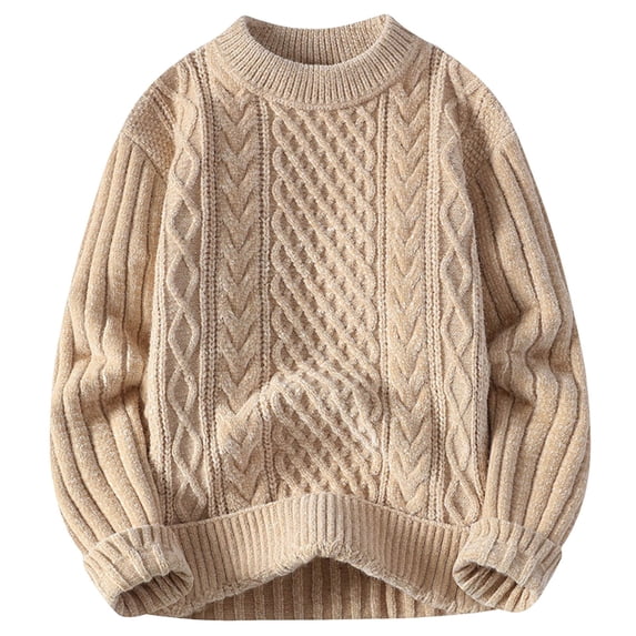YLSDY Oversized Cable Knit Sweaters for Men Long Sleeve Solid Color Crewneck Sweater Loose Fit Woven Knitted Soft Pullover Khaki M