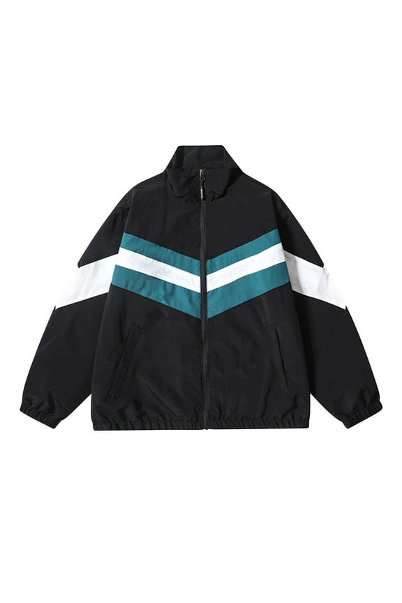 Patchwork Jacket Y2k for Mens Full Zip Up Lightweight Windbreaker Vintage Varsity Jackets for Running Sport Coat Black L