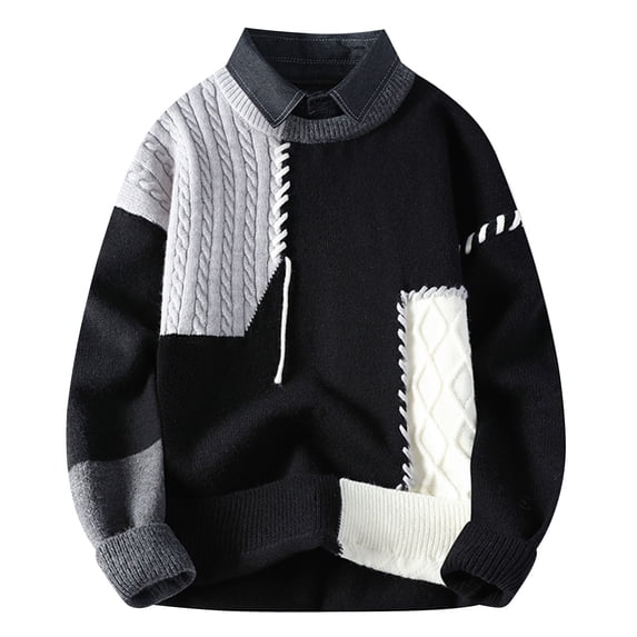 YLSDY Patchwork Sweater Mens Fake Two-Piece Collared Colorblock Jumper Cable Knitted Pullover Oversized Sweater Black XL