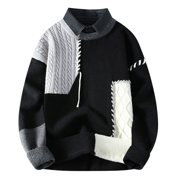 YLSDY Patchwork Sweater Mens Fake Two-Piece Collared Colorblock Jumper Cable Knitted Pullover Oversized Sweater Black XXL