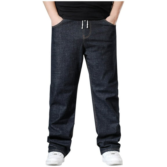 YLSDY Plus Size Baggy Jeans for Men Elastic Waist Pull On Denim Pants Drawstring Straight Loose Jean Sweatpants Black XL