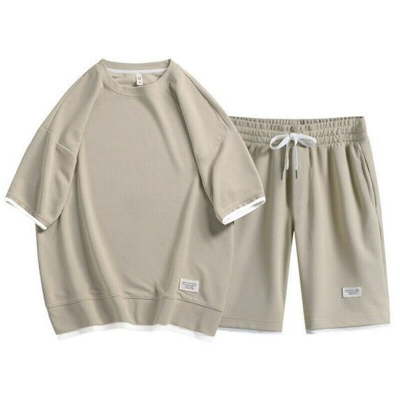 YLSDY Plus Size Men's Waffle Sets Casual T-Shirt And Shorts Set Summer Male Sports Suit Solid Color Tracksuit Loose Suits Beige XL