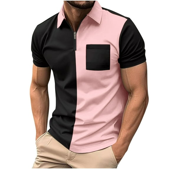 YLSDY Button Collared Shirts for Men Casual Business Fashion Color Block Button Collared Shirts Plus Size Lapel Golf Basic Henley Shirts Pink M