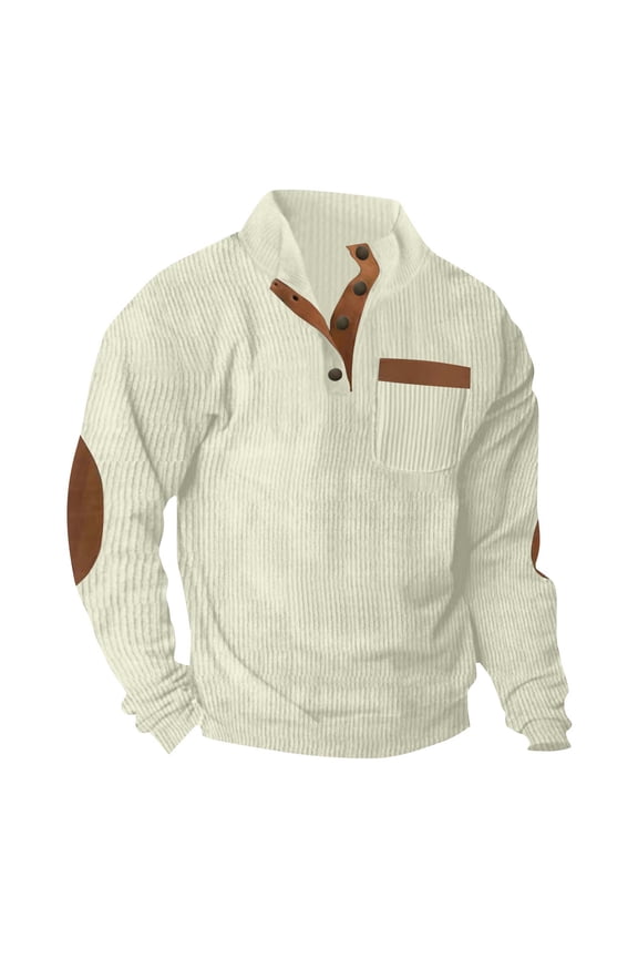 Pullover for Men 1/4 Button Stand Collar Athletic Sweatshirt Casual Vintage Fashion Sweatshirts with Elbow Patches White XXL