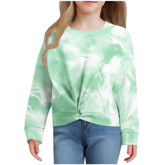 YLSDY Pullovers for Teen Girls Twist Front Tie Dye Hoodless Sweatshirt Casual Long Sleeve Tops Clothes for 4-12 Years Green 11 Years