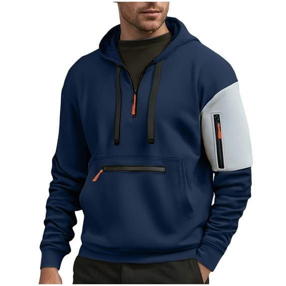 YLSDY Quarter Zip Pullover Mens Color Block Sweatshirts Long Sleeve Workout Drawstring Hoodie Vintage Tactical Jacket Navy XXXL