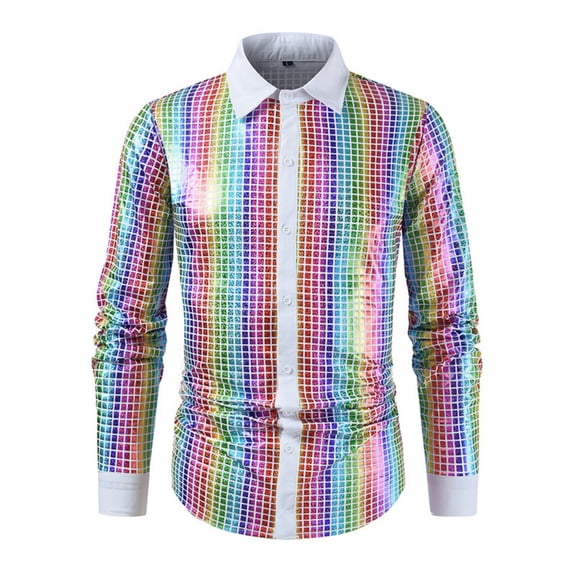 YLSDY Rainbow Sequin Mens Shirt Vintage Mens 70s Disco Outfits Button Down Long Sleeve Prom Party Costume Shiny Dance Shirt Multicolor XL