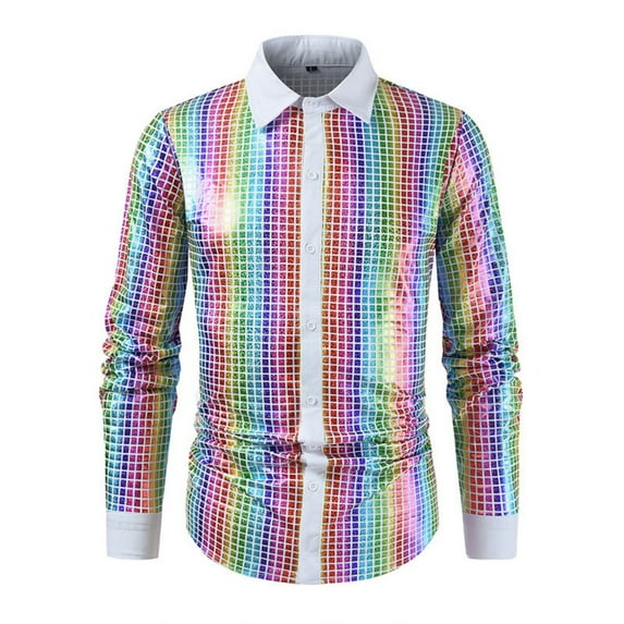 YLSDY Rainbow Sequin Mens Shirt Vintage Mens 70s Disco Outfits Button Down Long Sleeve Prom Party Costume Shiny Dance Shirt Multicolor XXL