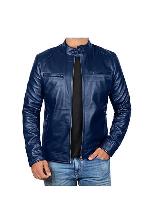 Real Lambskin Mens Leather Jackets - Quilted Racer Zip Up Moto Style Leather Jacket Men PU Biker Coat Dark Blue XXXL