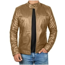 YLSDY Real Lambskin Mens Leather Jackets - Quilted Racer Zip Up Moto Style Leather Jacket Men PU Biker Coat Khaki S