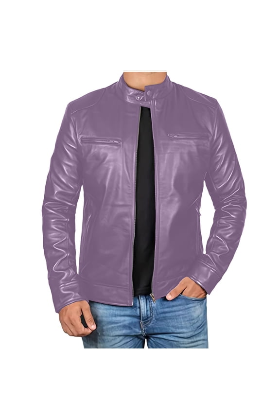 Real Lambskin Mens Leather Jackets - Quilted Racer Zip Up Moto Style Leather Jacket Men PU Biker Coat Purple XXXXXL