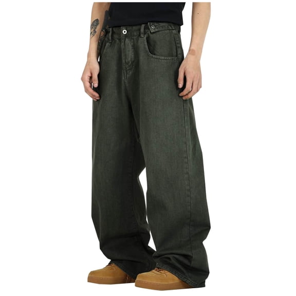 YLSDY Stylish Men's Baggy Jeans Loose Fit Wide Leg Denim Pants Streetwear Hip Hop Trousers Green XXXL