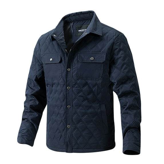 YLSDY Stylish Men's Winter Quilted Shirt Jacket Warm Trucker Coats Long Sleeve Snap Up Workwear Outerwear with Pockets Dark Blue XXL