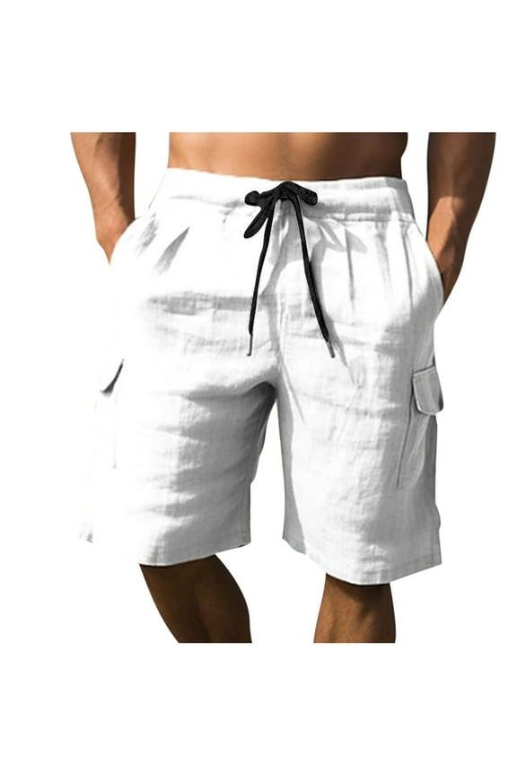 Fashion Men Cotton Linen Beach Shorts Summer Lightweight Workout Gym Shorts Casual Straight Leg Cargo Short with Pockets White M