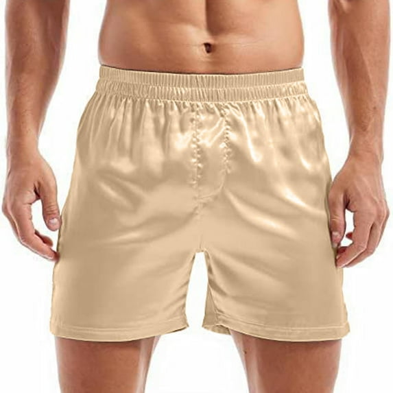 YLSDY Fashion Mens Satin Boxers Lounge Shorts Solid Color Sleepwear Casual Shorts Silk Pajama Bottom Lounge Sleep Shorts for Men Beige L