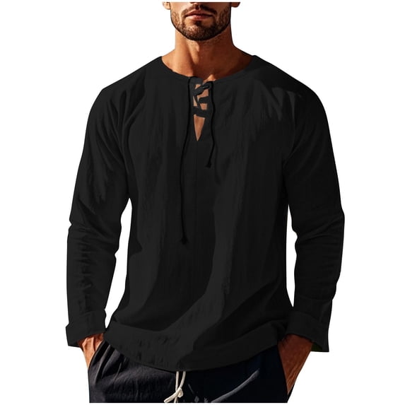 YLSDY Fashion 2025 Summer Linen Shirts for Men Casual Long Sleeve Cotton T Shirts Lace Up V Neck Tops Beach Hawaiian Shirts Black XXXL