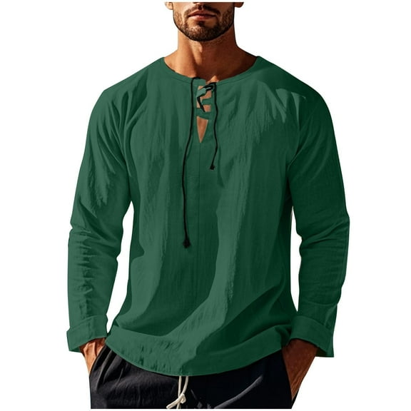 YLSDY Fashion 2025 Summer Linen Shirts for Men Casual Long Sleeve Cotton T Shirts Lace Up V Neck Tops Beach Hawaiian Shirts Green S