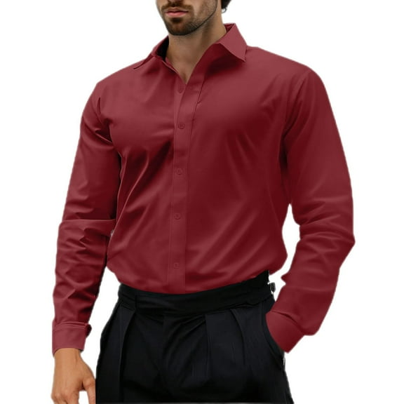 YLSDY Fashion Button Down Shirt Men Regular Fit Business Casual Dress Shirts Solid Long Sleeve Stretch Wrinkle-Free Formal Shirts Wine L
