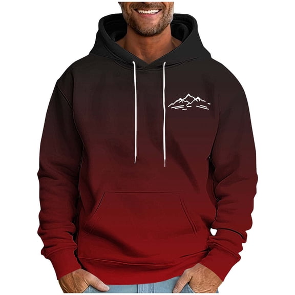 YLSDY Fashion Casual Hoodies for Men Fall Winter Warm Fleece Hooded Sweatshirts Mountain Graphic Stylish Pullover with Pocket Red M