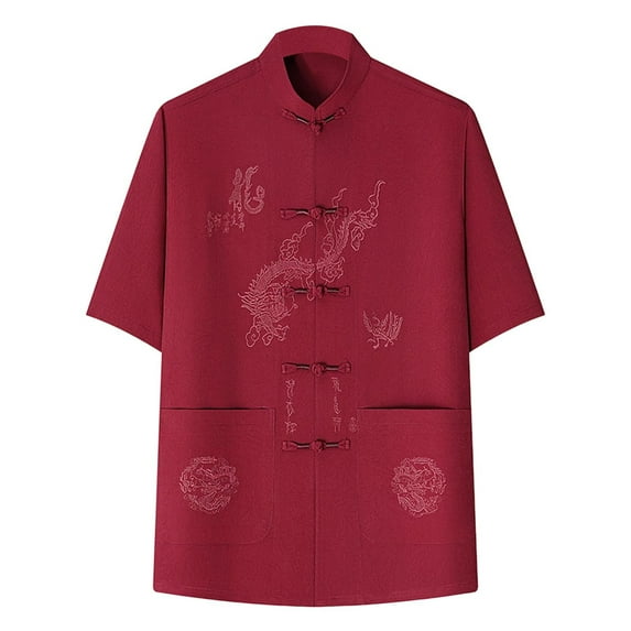 YLSDY Fashion Chinese Clothing Tang Suit - Kung Fu Short Sleeve Shirt for Men Vintage Button Down Shirt Stand Collar Tops Red S