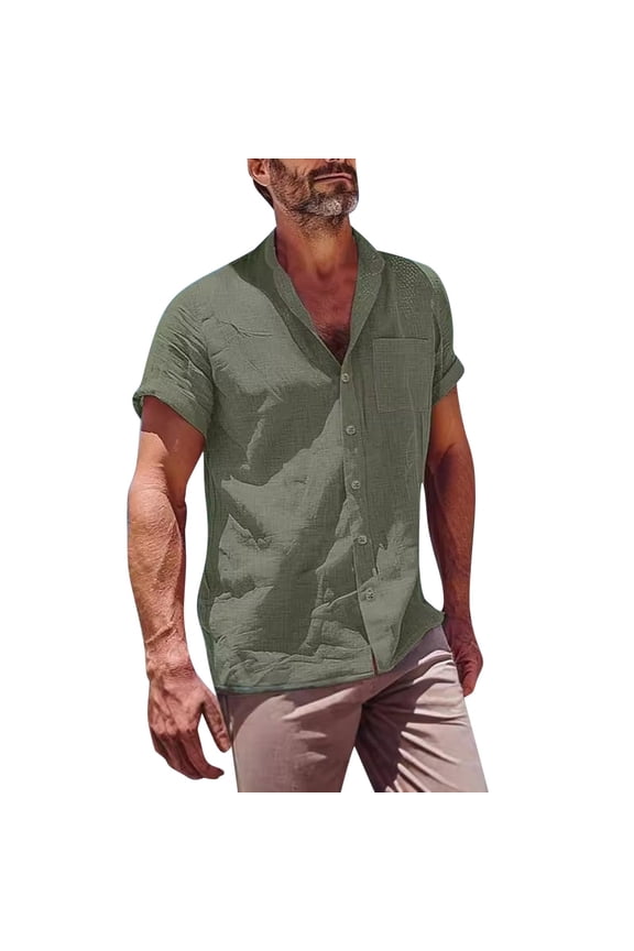 Fashion Cotton Linen Casual Button Down Tops for Men, Summer Classic Short Sleeve Pocket Tees Hawaiian Beach Vacation Shirts Army Green M