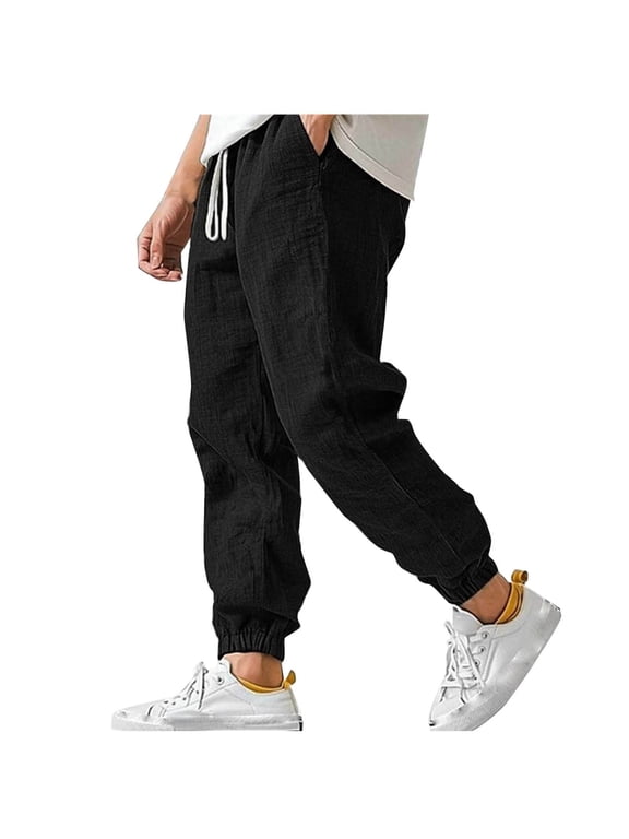 Fashion Cotton Linen Pants for Men Elastic Drawstring Waist Loose Casual Beach Pant Comfy Summer Travel Trousers Cinch Bottom Black XXL