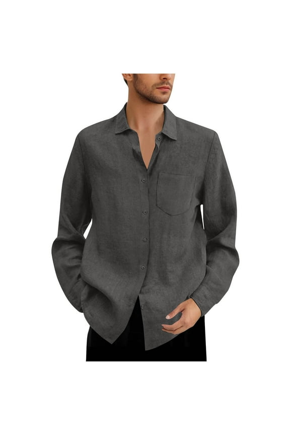 Fashion Cotton Linen Shirts for Men Long Sleeve Button Down T Shirt Loose Fit Casual Tops Lightweight Vacation Tees Dark Gray M