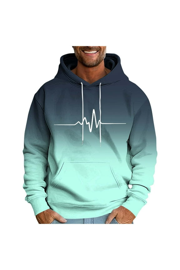 Fashion Funny ECG Graphic Hoodies for Men Gradient Pullover Heartbeat Long Sleeve T-Shirt Drawstring Hooded Sweatshirt Mint Green M