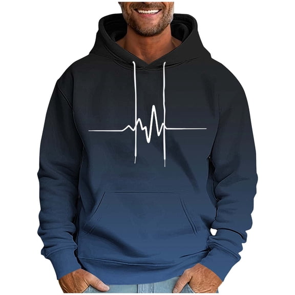 YLSDY Fashion Funny ECG Graphic Hoodies for Men Gradient Pullover Heartbeat Long Sleeve T-Shirt Drawstring Hooded Sweatshirt Navy M