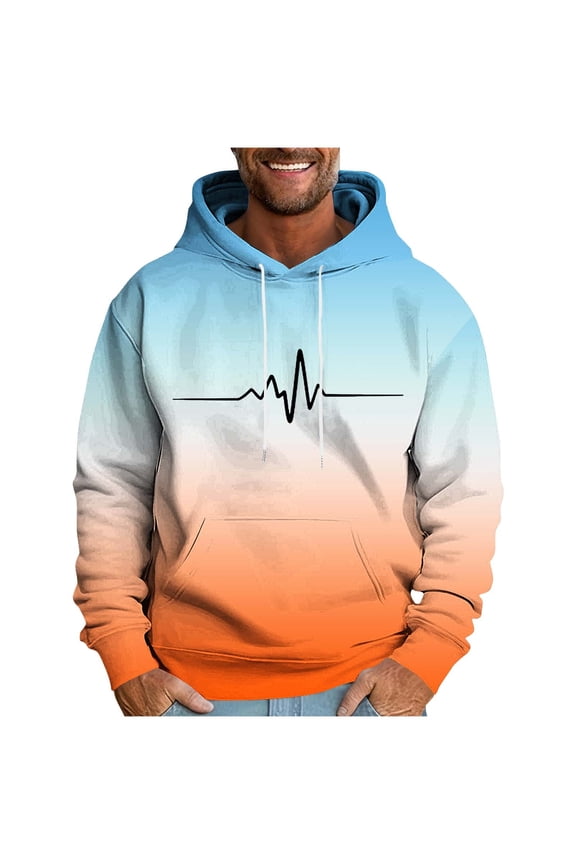 Fashion Funny ECG Graphic Hoodies for Men Gradient Pullover Heartbeat Long Sleeve T-Shirt Drawstring Hooded Sweatshirt Orange M