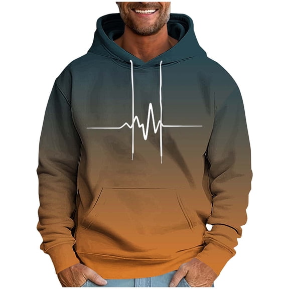 YLSDY Fashion Funny ECG Graphic Hoodies for Men Gradient Pullover Heartbeat Long Sleeve T-Shirt Drawstring Hooded Sweatshirt Yellow M