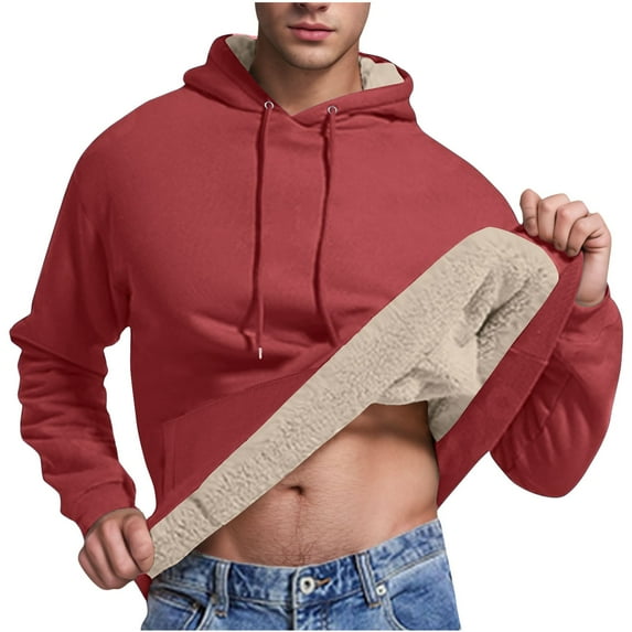 YLSDY Fashion Hoodies for Men Winter Sherpa Fleece Lined Sweatshirt Heavyweight Warm Long Sleeve Pullover Trendy Solid Color Hoodie Wine S