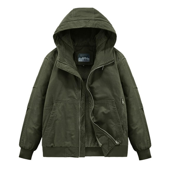 YLSDY Fashion Jackets for Men Sherpa Lined Outdoor Work Jackets Hooded Coats Plus Size Full Zip Casual Flight Jackets Winter Outerwear Coat Army Green XXXXL