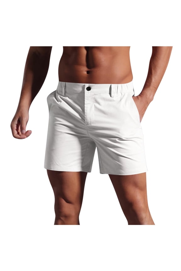 Fashion Men Casual Shorts 2025 Summer Lightweight Fashion Solid Color Shorts with Pockets Elastic Waist Stretchy Short Pants White L