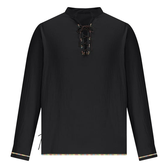 YLSDY Fashion Men Hawaiian Retro Lace-Up Drawstring Shirts Long Sleeve Guys Fashion Hippie Costume Streetwear Stand Collared Tops Black XL