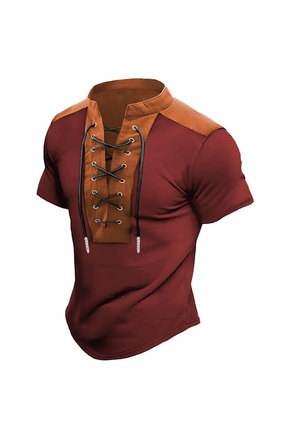 Fashion Men Lace Up V Neck Short Sleeve Boho Renaissance Pirate Medieval Shirts Summer Vintage Stand Collar Color Block Top Red L